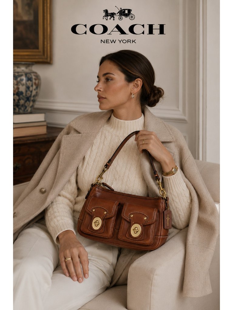 Coach F12868 65th Anniversary Double Turnlock Whiskey Leather Shoulder Bag